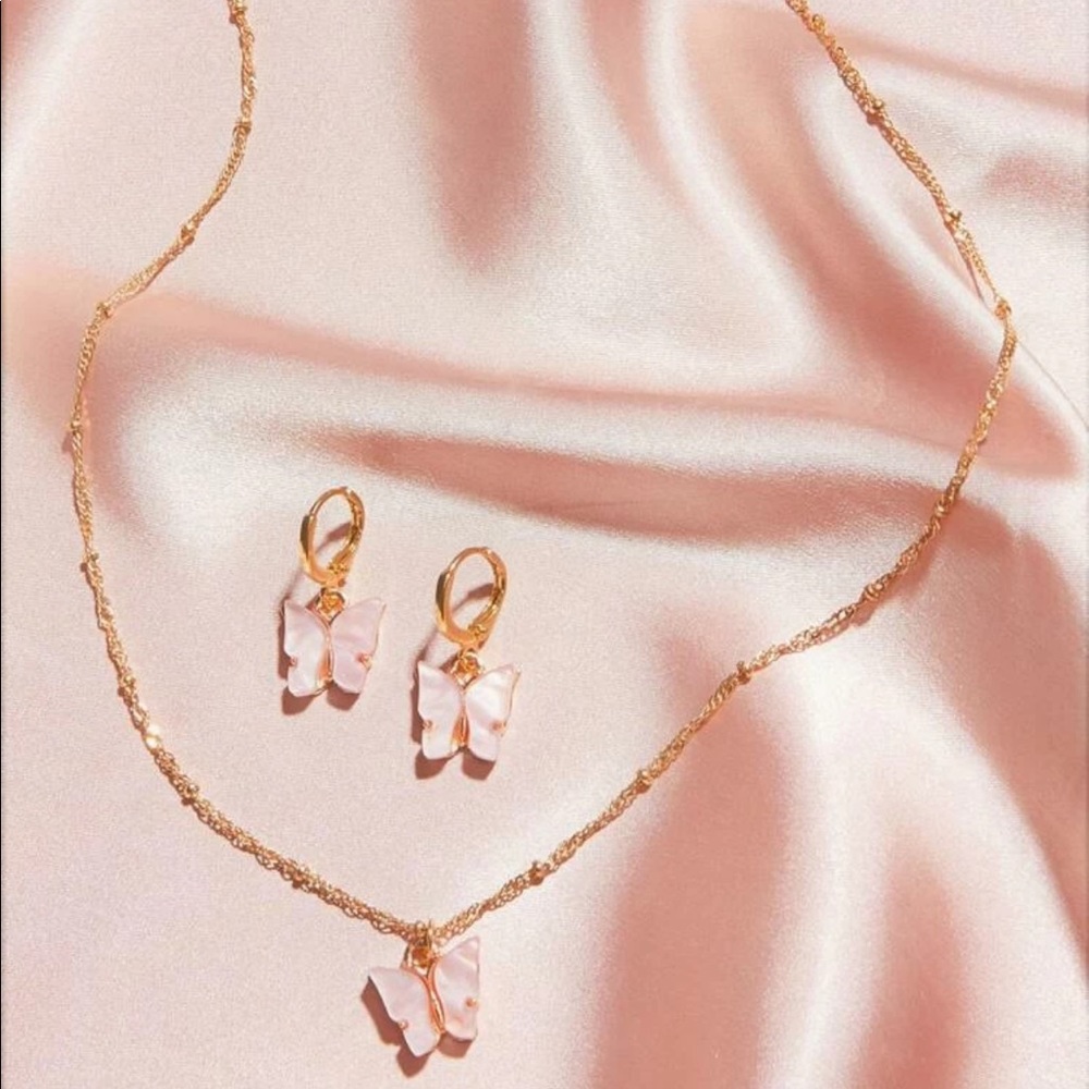 Pink butterfly gold necklace and earrings
